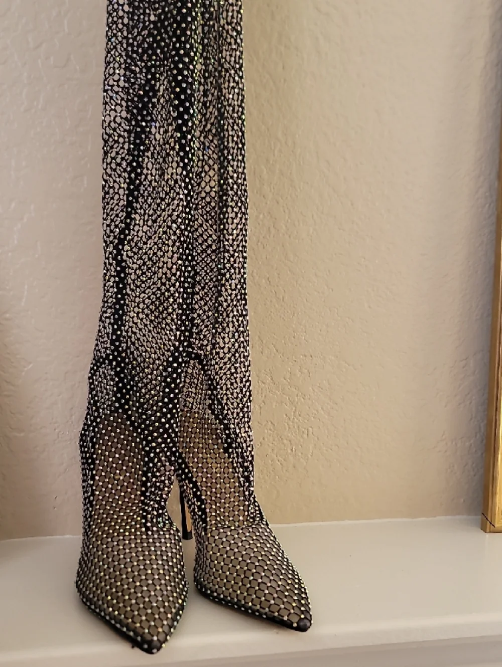 Rhinestone Mesh Pointed-Toe Stiletto Boots - Black - Picture 2 of 4
